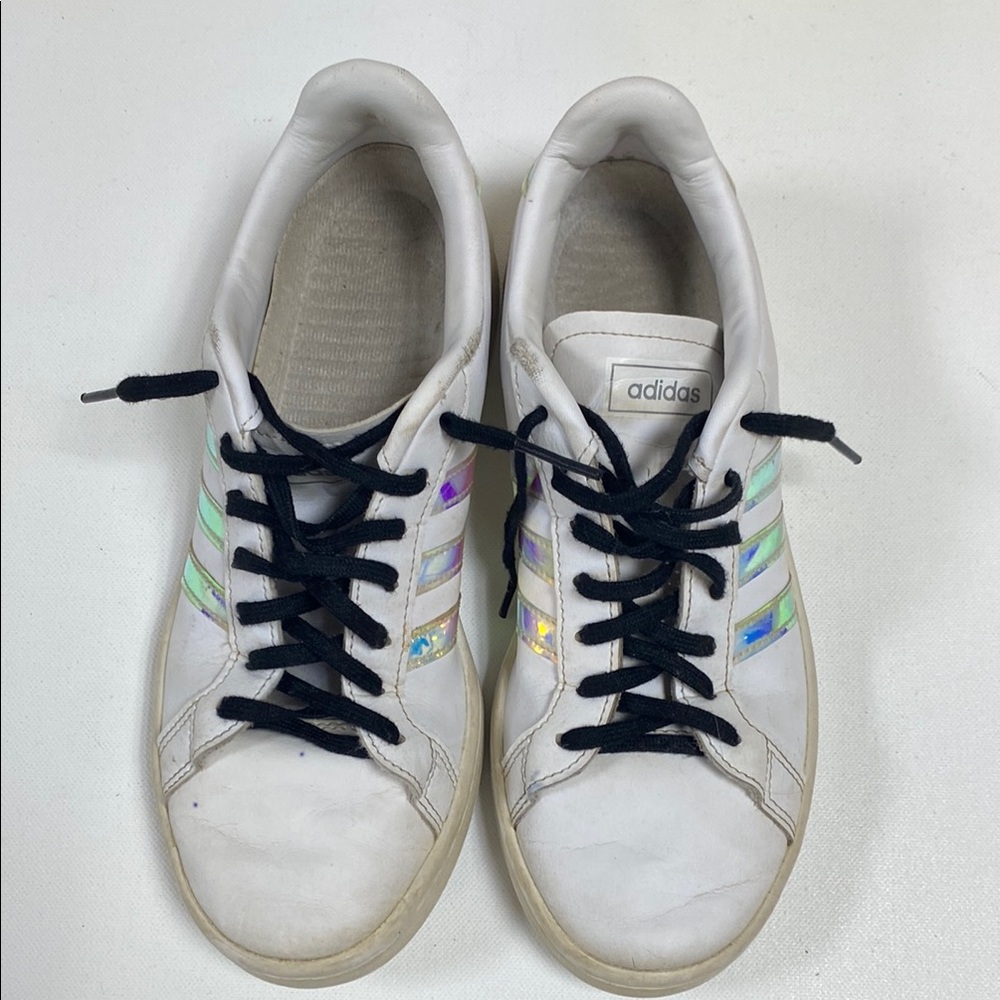 Adidas White Athletic Shoes, Women Size 8, w/Iridescent stripes!